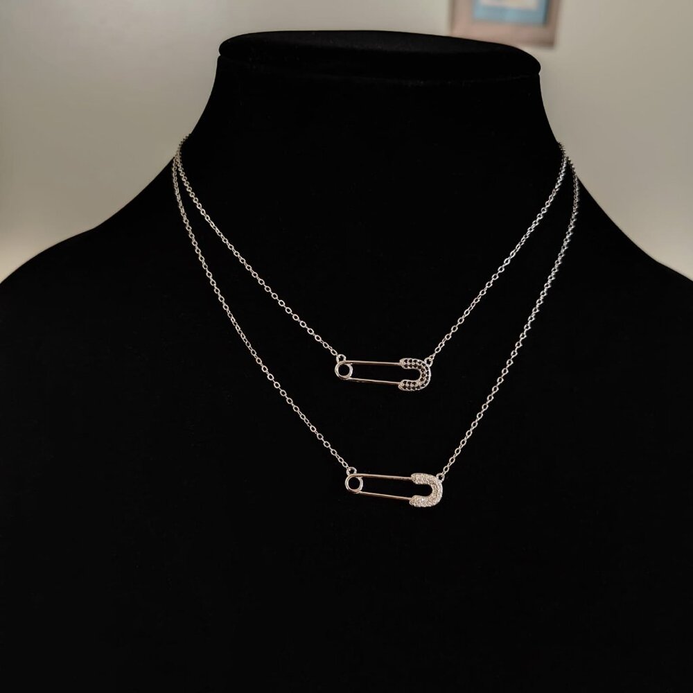 925 Sterling Silver Dainty Safety Pin Studded Necklace